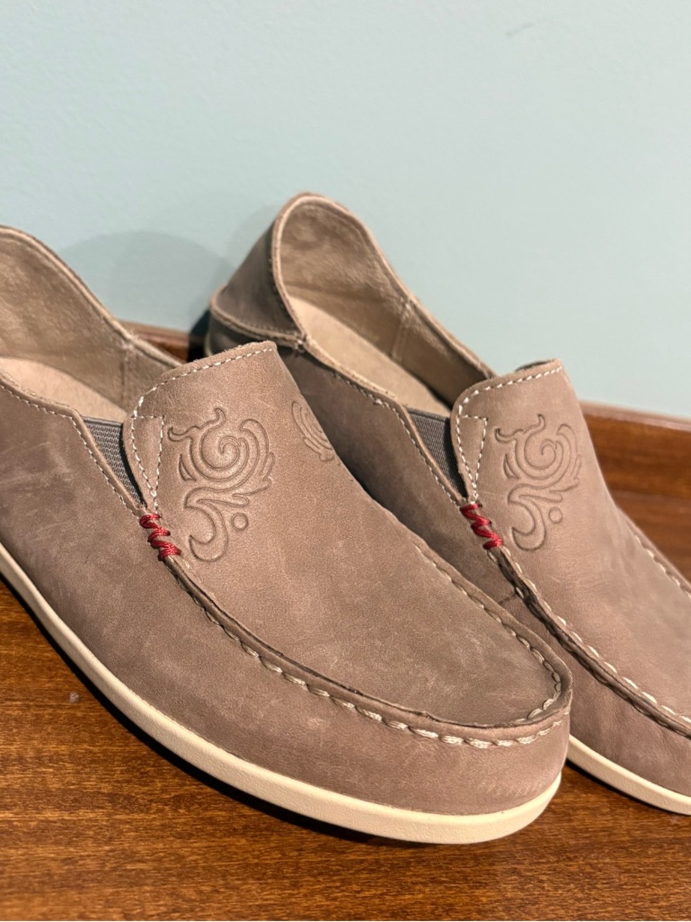 OluKai Taupe Suede Slip-On Loafers with Red Stitch Detail
